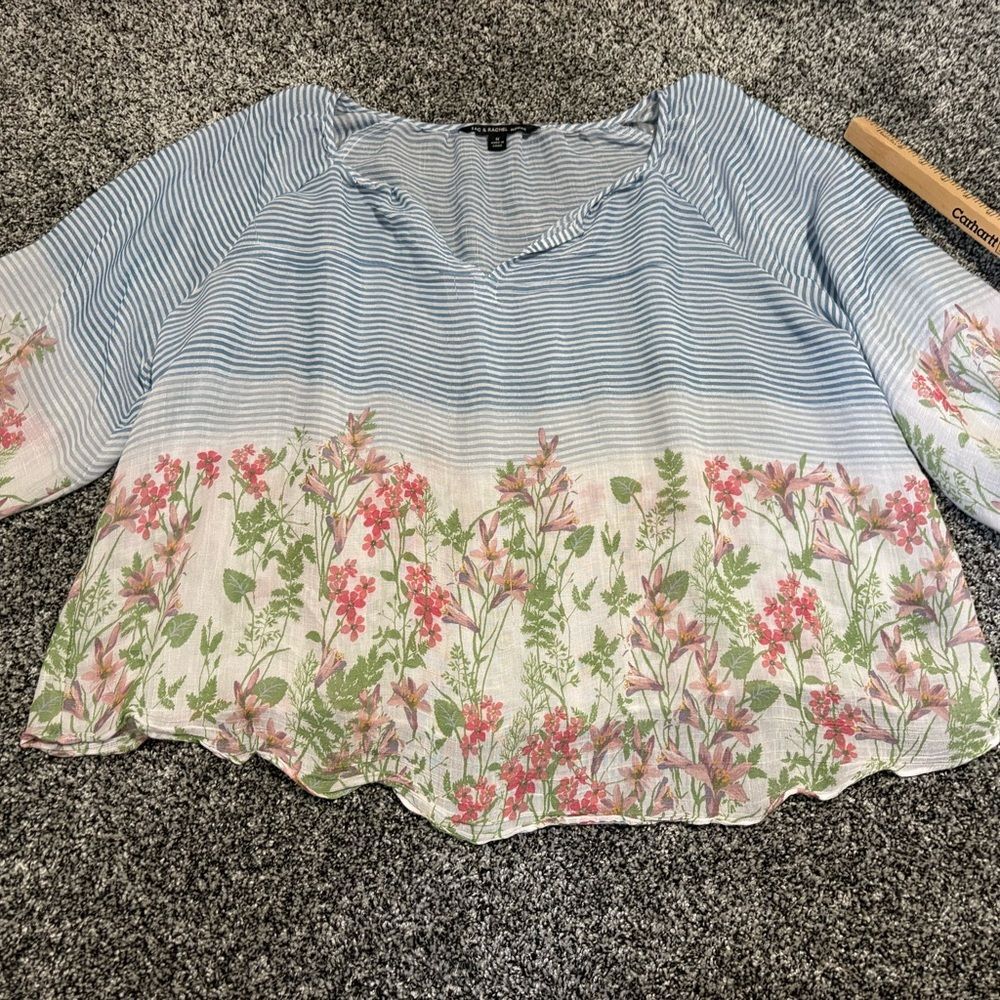 Zac & Rachel Blue Striped shear Floral Blouse woman’s 1x